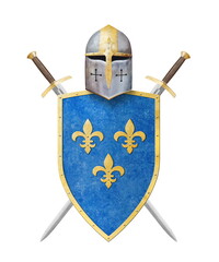 Wall Mural - knight helmet blue shield and two swords isolated on white