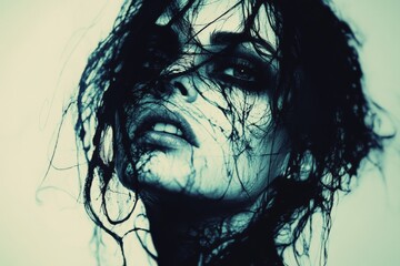 Aufkleber - Emotion expressed through tangled hair and intense gaze in artistic portrait against a muted background