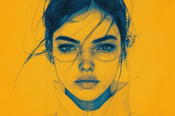 Aufkleber - Artistic portrait of a young woman with striking features set against a vibrant yellow background