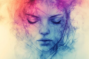 Poster - Colorful abstract portrait of a serene woman with closed eyes expressing tranquility and introspection