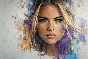 Aufkleber - Portrait of a young woman with striking blue eyes and flowing blonde hair, set against an abstract colorful background
