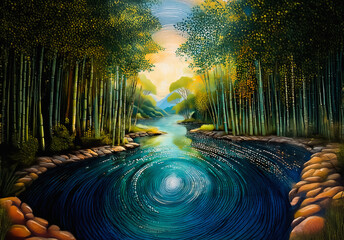 Poster - Painting depicts a serene forest scene with tall trees lining a winding river. Sunlight filters through the leaves, creating a peaceful and idyllic natural landscape.
