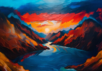 Poster - Vibrant landscape painting depicting a river winding through mountains beneath a colorful sky. Warm reds, oranges, yellows contrast cool blues in an abstract, painterly style.