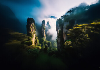 Aufkleber - Majestic stone pillars ascend from a vibrant green forest, enveloped in ethereal mist under a moody sky. Dramatic lighting enhances the serene and wild landscape.