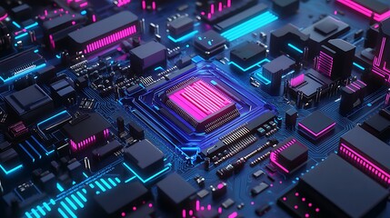 Poster - Close up of a futuristic computer motherboard with glowing components.