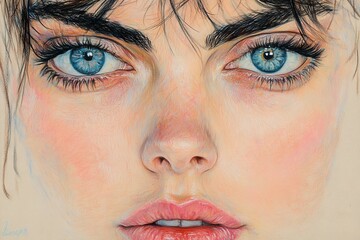 Aufkleber - Intricate close-up portrait of a young woman with striking blue eyes and delicate features in soft lighting