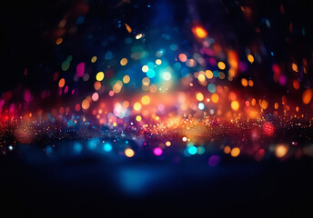 Leinwandbilder - Colorful bokeh lights on a dark backdrop create a festive sparkly atmosphere. Warm and cool tones blend in a blurry, defocused display.