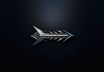 Poster - Sleek, futuristic metallic object resembling an arrow with sharp edges and intricate details. Set on a dark backdrop, it has a mechanical, modern design.