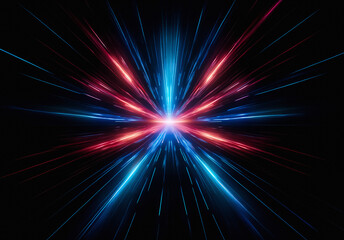 Poster - Vibrant blue and red light rays burst outwards from a central glowing point against a dark backdrop, creating an energetic and dynamic abstract design.