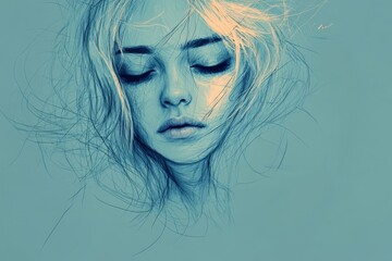 Poster - Portrait of a serene young woman with flowing hair against a soft blue background during a calm morning