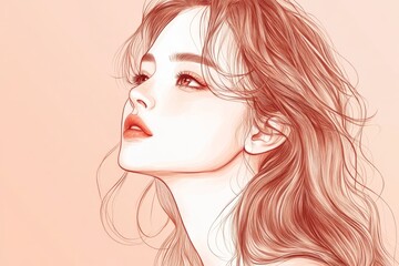Poster - Artistic portrait of a young woman with flowing hair against a soft peach background, showcasing delicate features and serene expression