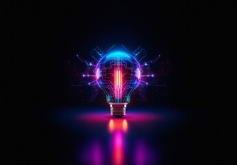 Poster - Futuristic glowing lightbulb with neon circuit board pattern against a dark background.  Bright vibrant colors illuminate the design creating a technological and innovative aesthetic.