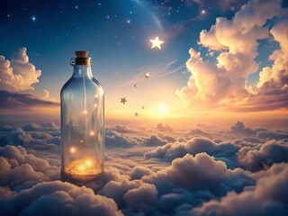 Poster - Dreamlike Celestial Bottle: Floating Stars Above Pastel Cloudscape - Surreal Stock Photo