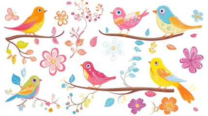 Naklejka na meble Colorful birds and flowers on branches, decorative design, for print, decor or background