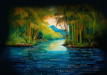Poster - A serene river flows through a dense green jungle, surrounded by tall trees and lush vegetation, with a distant mountain under a bright sky.