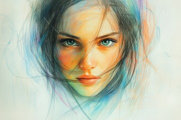 Aufkleber - Artistic portrait of a young woman with expressive eyes and flowing hair in soft colors