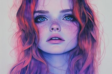 Poster - Colorful portrait of a girl with vibrant hair and expressive features in a close-up view