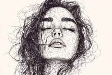 Aufkleber - Intricate line drawing of a woman's serene face with flowing hair captured in soft details