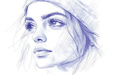 Poster - Portrait of a young woman in a beanie with deep eyes and soft features, showcasing intricate pencil details and thoughtful expression