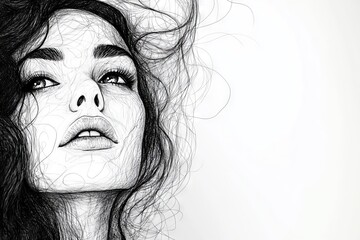 Poster - Intricate sketch of a woman with flowing hair showcasing artistic talent and elegance in black and white design