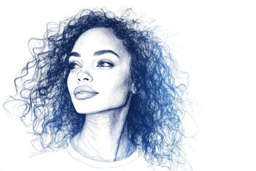 Aufkleber - Portrait of a woman with curly hair looking thoughtfully to the side in a creative illustration style set against a blank background
