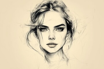 Poster - Portrait of a woman with expressive features created in pencil sketch style, showcasing fine details and artistry