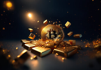 Aufkleber - Golden bitcoin coin surrounded by gold bars on a dark stage with bokeh lights, representing digital wealth and modern finance.