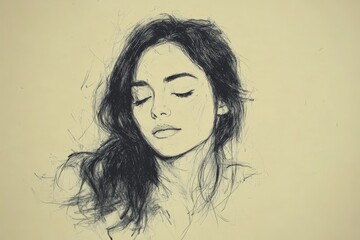 Poster - Portrait of a serene woman with closed eyes and flowing hair captured in a delicate sketch style