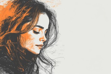 Aufkleber - Woman in profile with flowing hair and thoughtful expression captured in artistic portraiture