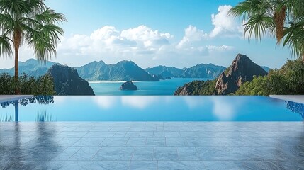 Poster - A luxury pool with the view on the mountains palms and beautiful blue sea, the weather is sunny and sky is blue.