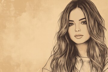 Poster - Portrait of a young woman with long hair in a minimalist style against a warm background
