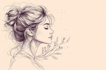 Aufkleber - Portrait of a young woman with flowers captured in a delicate line drawing style