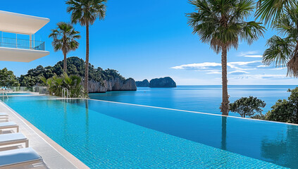 Poster - A luxury pool with the view on the mountains palms and beautiful blue sea, the weather is sunny and sky is blue.