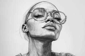 Poster - Artistic portrait of a woman with large glasses and a relaxed expression showcasing intricate line work and details