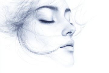 Aufkleber - Elegant portrait of a serene woman with flowing hair in a soft, ethereal style