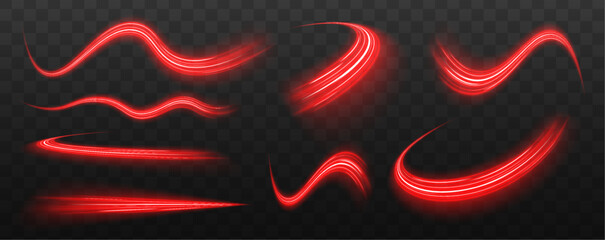 Aufkleber - Set glowing neon light trail element Bright red-orange speed line wave  luminous curved swirl concept. Shiny fiery streaks for posters, banners, and flyers. Vector design.
