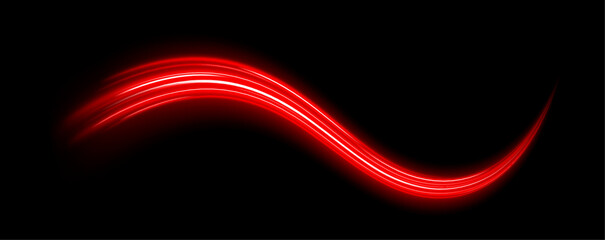 Poster - Shiny fiery red neon stripes – Bright curved light trails & flashing red light effects. Vector element on black background for stunning digital creations.