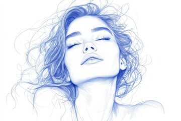 Aufkleber - Beautiful woman with flowing hair and serene expression captured in a delicate blue sketch
