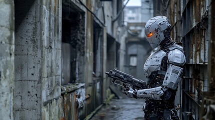 Leinwandbilder - Robotic sentinel develops ethical ai in abandoned factory a close-up science fiction scene of urban decay