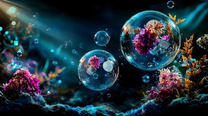 Poster - Ethereal dreamscape of floating memories underwater garden digital art surreal environment close-up visual poetry