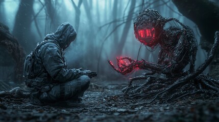 Poster - Dark digital art immersive human-alien encounter in enchanted forest - future storytelling perspective