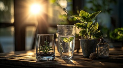 Aufkleber - Morning light illuminating plants and water glasses on wooden table indoor nature scene calm atmosphere