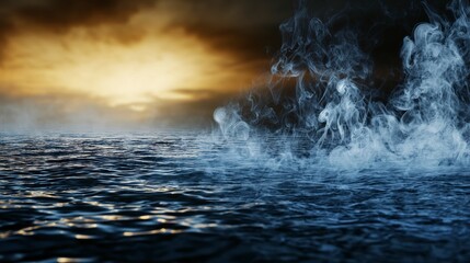 Aufkleber - Misty smoke movement over tranquil waters at sunset nature scene atmospheric serene landscape