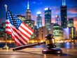 © prapatsorn - EB-1 Visa Approval: NYC Skyline, Gavel, Justice, American Flag - Low Light Stock Photo