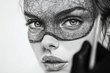 Poster - Intricate drawing of a masked woman highlighting artistry and expression in black and white