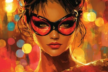 Aufkleber - Artistic portrayal of a woman with striking red glasses against a colorful backdrop of lights