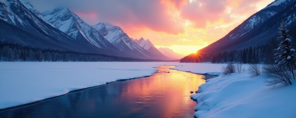 frozen river glides beneath snow-covered mountains as sunset fades, landscape, scenery, river