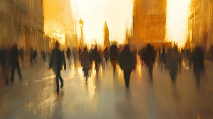 Poster - Blurred and indistinct silhouettes of an anonymous crowd of commuters rushing through the streets of a busy metropolitan city set against the backdrop of a glowing