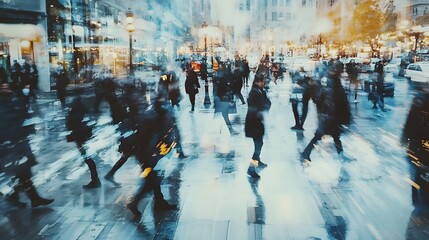 Poster - Blurred and dynamic image of a crowded city street with people hurrying through the bustling urban scene during the rush hour commute  The image captures the fast paced