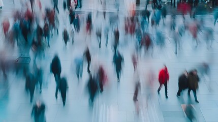 Poster - Blurred dynamic image of a busy downtown metropolitan street scene with a large crowd of anonymous pedestrians rushing through the intersection on a bustling city night